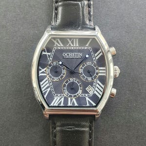 Men Chronograph Watch Tonneau Black Leather Strap Roman Numeral Luxury Smart Business Professional Gentleman Quartz Wristwatch