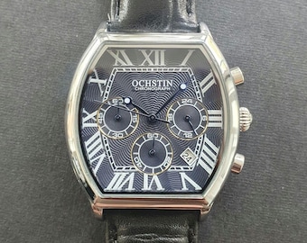Men Chronograph Watch Tonneau Black Leather Strap Roman Numeral Luxury Smart Business Professional Gentleman Quartz Wristwatch