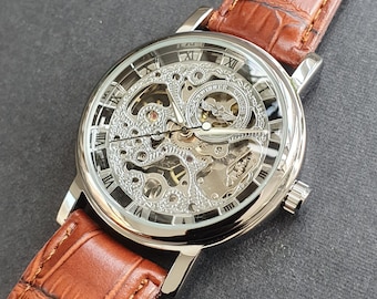 Men Automatic Watch Skeleton Manual Winding Mechanical Movement Brown Leather Strap Classic Smart Professional Gentleman Wristwatch