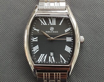 Men Tonneau Watch Classic Smart Casual Luxury Business Roman Numeral Stainless Steel Bracelet Professional Gentleman Quartz Wristwatch