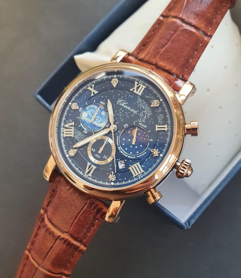 Reloj cronógrafo para hombre con fase lunar rosa, luminoso, números romanos clásicos, oro rosa, correa de cuero marrón, reloj de pulsera profesional para caballero. imagen 2