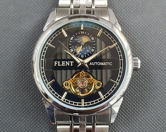 Men Automatic Watch Moon Phase Mechanical Balance Wheel Movement Stainless Steel Bracelet Classic Luxury Business Gentleman Wristwatch