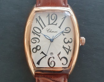 Herren Tonneau Uhr Klassisch Smart Business Casual Luxus Rose Gold Braun Lederband Professionelle Gentleman Armbanduhr