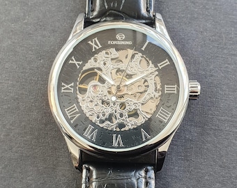 Men Automatic Watch Manual Winding Mechanical Skeleton Roman Numeral Black Leather Strap Luxury Classic Professional Gentleman Wristwatch