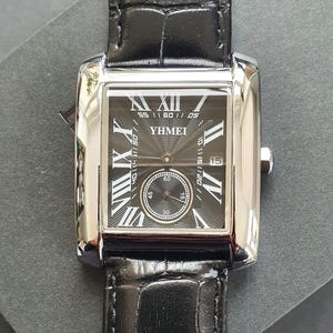 Montre classique pour homme, décontractée, luxe carrée, chiffre romain, bracelet en cuir noir, montre-bracelet professionnelle pour homme
