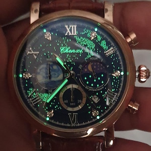 Reloj cronógrafo para hombre con fase lunar rosa, luminoso, números romanos clásicos, oro rosa, correa de cuero marrón, reloj de pulsera profesional para caballero. imagen 4