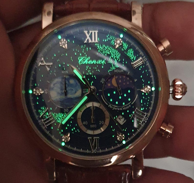 Reloj cronógrafo para hombre con fase lunar rosa, luminoso, números romanos clásicos, oro rosa, correa de cuero marrón, reloj de pulsera profesional para caballero. imagen 4
