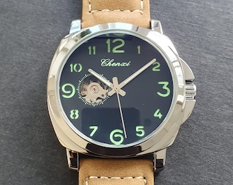 Automatic Men Watch Luminous Classic Steel Case Black Dial Marine Sport Brown Leather Strap Wristwatch