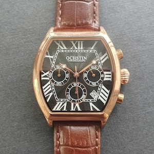 Men Chronograph Watch Tonneau Rose Gold Brown Leather Strap Roman Numeral Luxury Smart Business Professional Gentleman Quartz Wristwatch