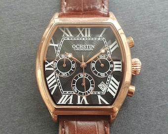 Men Chronograph Watch Tonneau Rose Gold Brown Leather Strap Roman Numeral Luxury Smart Business Professional Gentleman Quartz Wristwatch