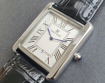 Men Classic Watch Square Rectangular Black Leather Strap Roman Numeral Luxury Smart Casual Business Professional Gentleman Wristwatch