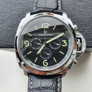 Men Automatic Watch Self Winding Mechanical Luminous Marina Black Leather Strap Luxury Sport Wristwatch