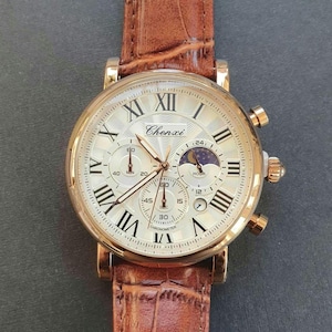 Men Chronograph Watch Moon Phase Luminous Classic Smart Business Casual Luxury Roman Numeral Leather Strap Professional Gentleman Wristwatch
