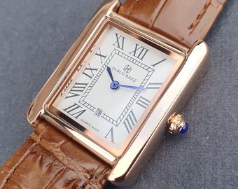 Womens Classic Watch Rose Gold Square Rectangular Brown Leather Strap Roman Numeral Smart Business Professional Ladies Quartz Wristwatch