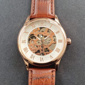 Relógio masculino automático, corda manual, movimento mecânico de roda de equilíbrio, esqueleto, pulseira de couro em ouro rosa, relógio de pulso profissional para cavalheiros imagem 6