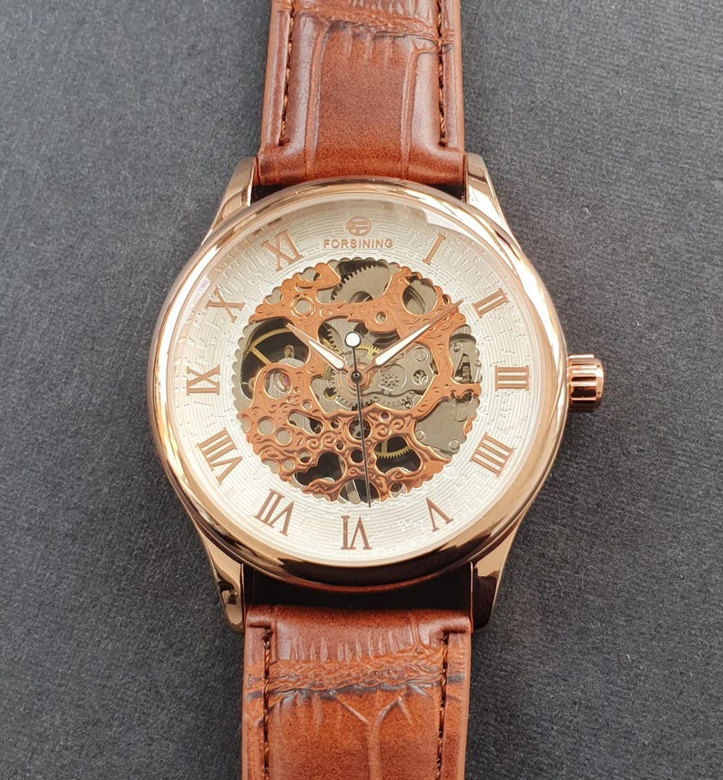 Relógio masculino automático, corda manual, movimento mecânico de roda de equilíbrio, esqueleto, pulseira de couro em ouro rosa, relógio de pulso profissional para cavalheiros imagem 6