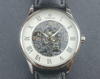 Men Automatic Watch Manual Winding Mechanical Movement Skeleton Black Leather Strap Luxury Classic Professional Gentleman Wristwatch