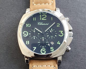 Men Chronograph Watch Luminous Classic Steel Case Marine Sport Black DIal Brown Leather Strap Wristwatch