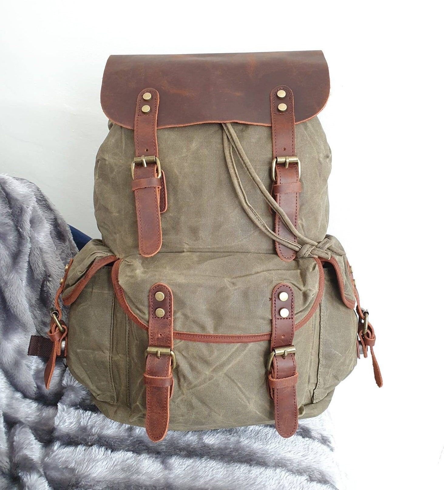 Vintage canvas leather waterproof backpack cheap