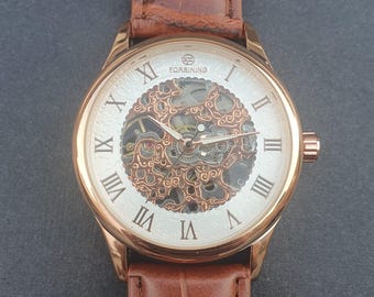Men Automatic Watch Manual Winding Mechanical Balance Wheel Movement Skeleton Rose Gold Leather Strap Professional Gentleman Wristwatch
