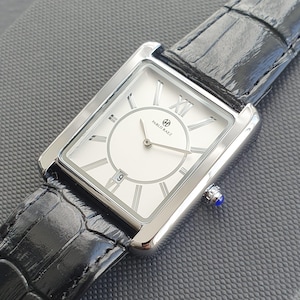 Men Classic Watch Square Rectangular Black Leather Strap Roman Numeral Luxury Smart Casual Business Professional Gentleman Wristwatch