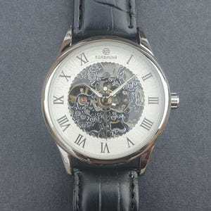Men Automatic Watch Manual Winding Mechanical Movement Skeleton Black Leather Strap Luxury Classic Professional Gentleman Wristwatch
