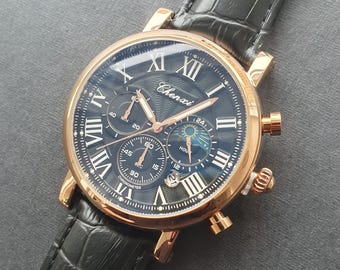 Men Chronograph Watch Moon Phase Luminous Classic Smart Casual Business Rose Gold Black Leather Strap Roman Numeral Gentleman Wristwatch