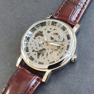 Men Automatic Watch Skeleton Manual Winding Mechanical Movement Reddish Brown Leather Strap Classic Smart Professional Gentleman Wristwatch