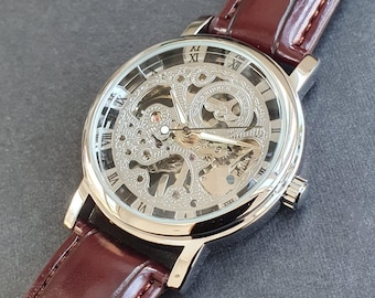Men Automatic Watch Skeleton Manual Winding Mechanical Movement Reddish Brown Leather Strap Classic Smart Professional Gentleman Wristwatch