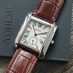 Men Classic Watch Smart Casual Business Square Roman Numeral Luxury Brown Leather Strap Gentleman Wristwatch