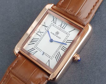 Men Classic Watch Square Rectangular Brown Leather Strap Roman Numeral Rose Gold Luxury Smart Business Professional Gentleman Wristwatch