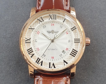 Men Automatic Watch Self Winding Mechanical Movement Roman Numeral Rose Gold Leather Strap Luxury Classic Professional Gentleman Wristwatch