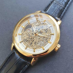 Men Automatic Watch Manual Winding Mechanical Balance Wheel Movement Black Leather Strap Business Classic Professional Gentleman Wristwatch