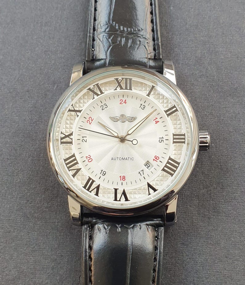 Herrklocka Automatisk Självuppdragande Mekaniskt Urverk Romerska Siffror Svart Läderarmband Lyxigt Klassiskt Professionellt Gentlemanarmbandsur bild 1