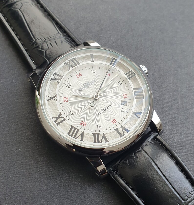 Herrklocka Automatisk Självuppdragande Mekaniskt Urverk Romerska Siffror Svart Läderarmband Lyxigt Klassiskt Professionellt Gentlemanarmbandsur bild 3