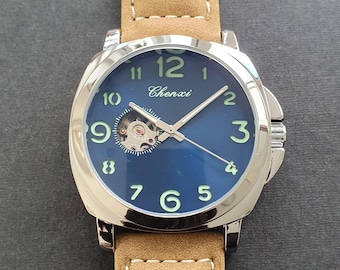 Automatic Men Watch Luminous Classic Steel Case Blue Dial Marine Sport Brown Leather Strap Wristwatch