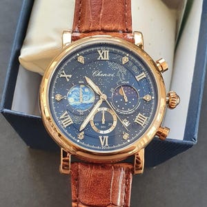 Men Chronograph Watch Moon Phase Luminous Classic Smart Business Casual Luxury Roman Numeral Leather Strap Professional Gentleman Wristwatch