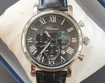 Men Chronograph Watch Moon Phase Luminous Classic Smart Casual Business Black Leather Strap Roman Numeral Professional Gentleman Wristwatch