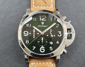 Men Chronograph Watch Luminous Military Marine Sport Classic Luxury Green Dial Brown Leather Strap Wristwatch