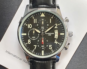 Men Chronograph Watch Classic Aviator Pilot Luxury Sport Business Smart Casual Black Leather Strap Wristwatch