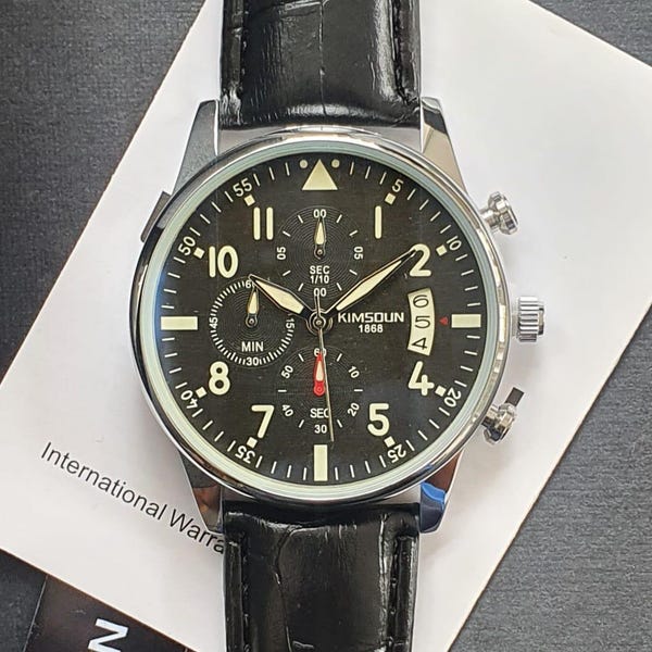 Men Chronograph Watch Classic Aviator Pilot Luxury Sport Business Smart Casual Black Leather Strap Wristwatch