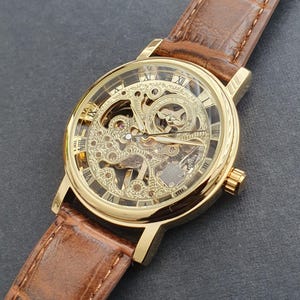 Men Automatic Watch Skeleton Manual Winding Mechanical Brown Leather Strap Classic Smart Professional Gentleman Gold Wristwatch