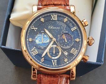 Men Chronograph Watch Rose Moon Phase Luminous Classic Roman Numeral Rose Gold Brown Leather Strap Professional Gentleman Wristwatch