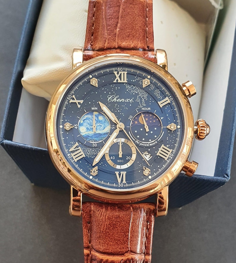 Reloj cronógrafo para hombre con fase lunar rosa, luminoso, números romanos clásicos, oro rosa, correa de cuero marrón, reloj de pulsera profesional para caballero. imagen 1
