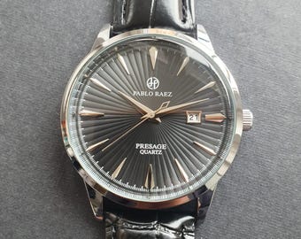 Men Classic Watch Smart Casual Business Luxury Sunburst Dial Black Leather Strap Exquisite Professional Gentleman Formal Dress Wristwatch