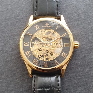 Men Automatic Watch Manual Winding Mechanical Balance Wheel Movement Skeleton Gold Leather Strap Professional Gentleman Wristwatch
