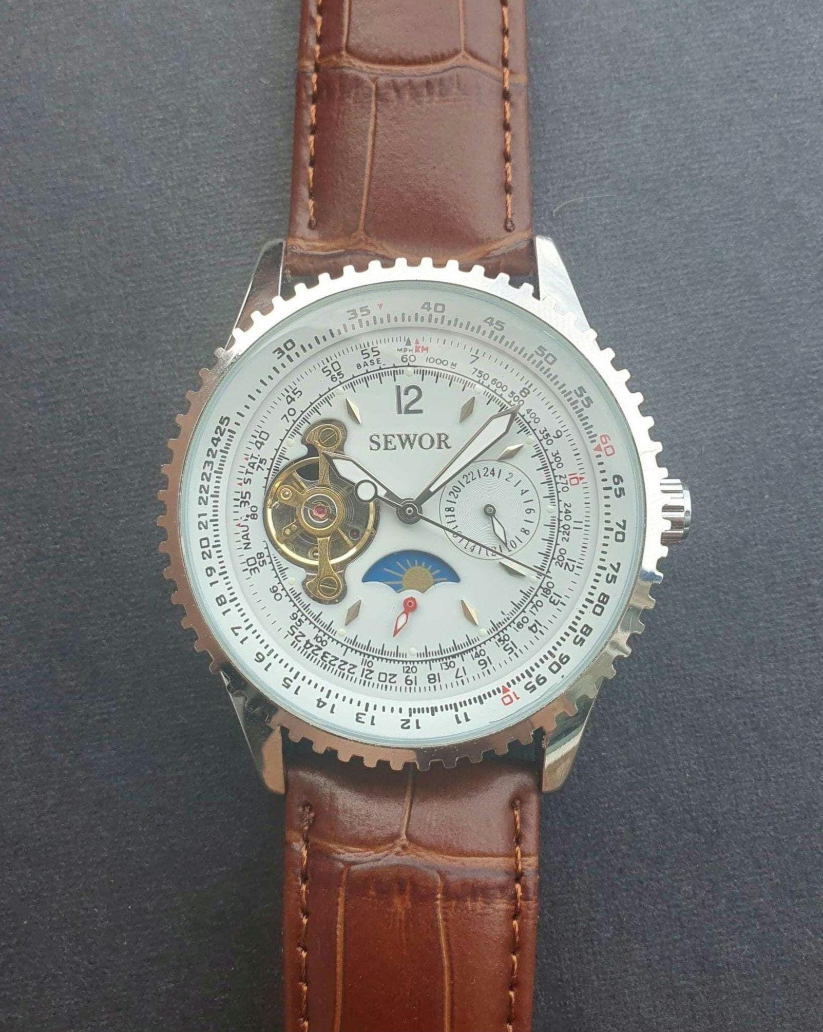 Herren Automatik Uhr Mondphase Automatikaufzug Mechanische Unruh