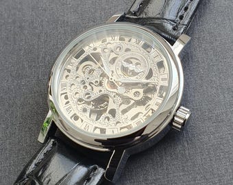 Womens Automatic Watch Manual Winding Mechanical Balance Wheel Movement Skeleton Black Leather Strap Classic Professional Ladies Wristwatch