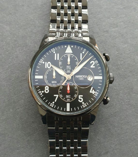 Men Chronograph Watch Classic Aviator Pilot Luxury Sport Business Smart  Casual Black Stainless Steel Wristwatch