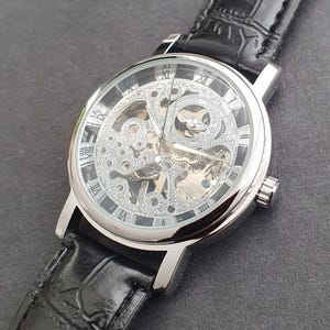 Men Automatic Watch Manual Winding Mechanical Balance Wheel Movement Skeleton Black Leather Strap Classic Professional Gentleman Wristwatch image 6